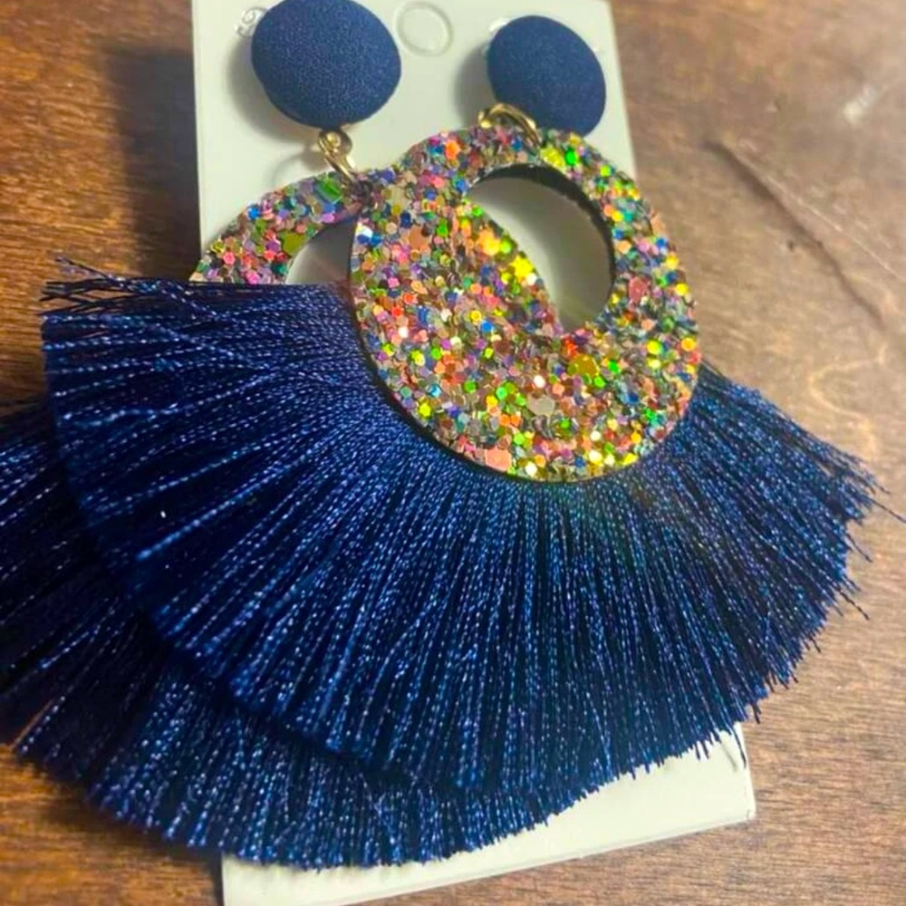NWT Boutique Boho Tassel Fringe Blue Multicolor Sequin Statement Earring
